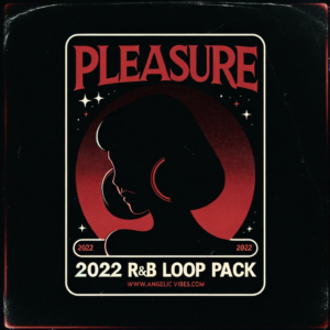 A stylized graphic of a woman's silhouette with stars and a crescent moon in a red and black color scheme, advertising a "2022 R&B Loop Pack" from AngelicVibes.