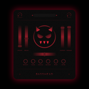 Basshead VST plugin interface – sleek black and red design with controls for attack, decay, sustain, release, distortion, filter, glide, and more, featuring a devilish logo at the center.