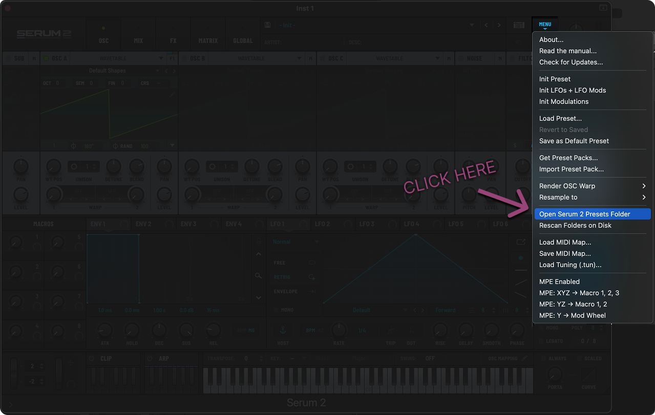 Serum menu showing the Open Serum Presets Folder option