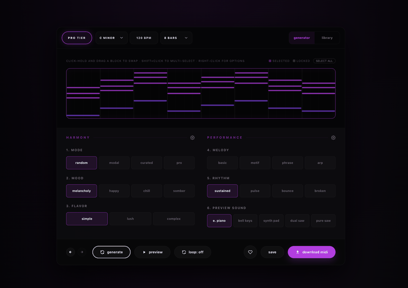 Athena web MIDI generator showing a generated chord progression