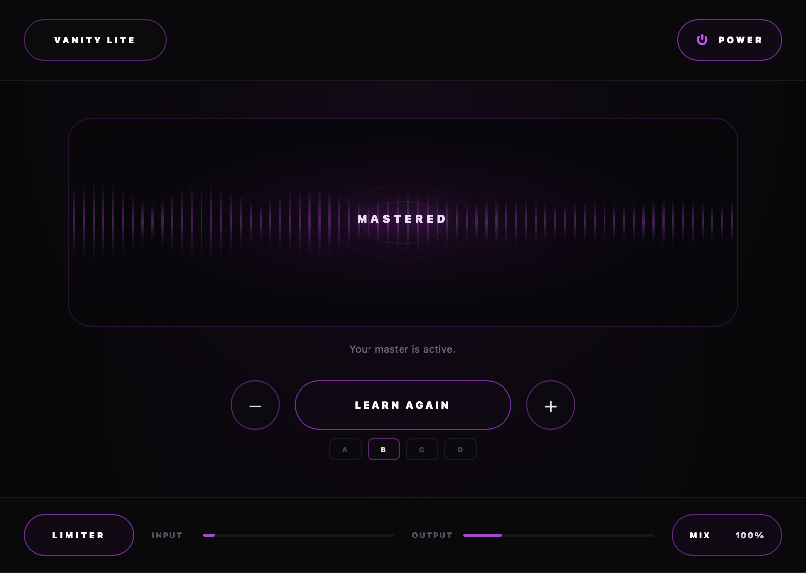 Vanity Lite free mastering plugin interface with an active master