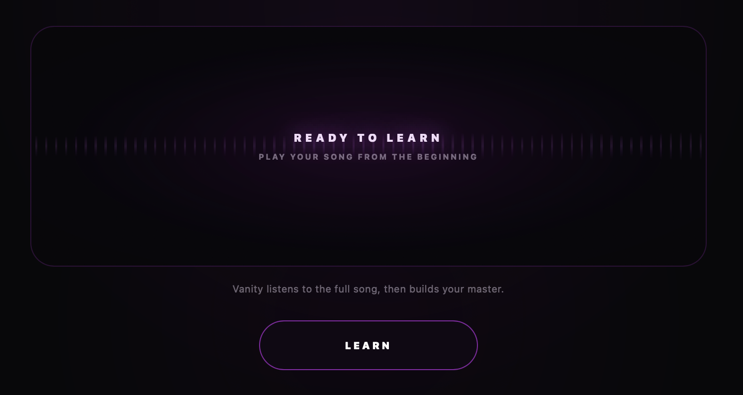 Vanity Lite free mastering plugin before song analysis with the Learn button ready